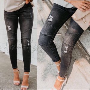 WILLOW Charcoal Distressed Moto Skinny Jeans